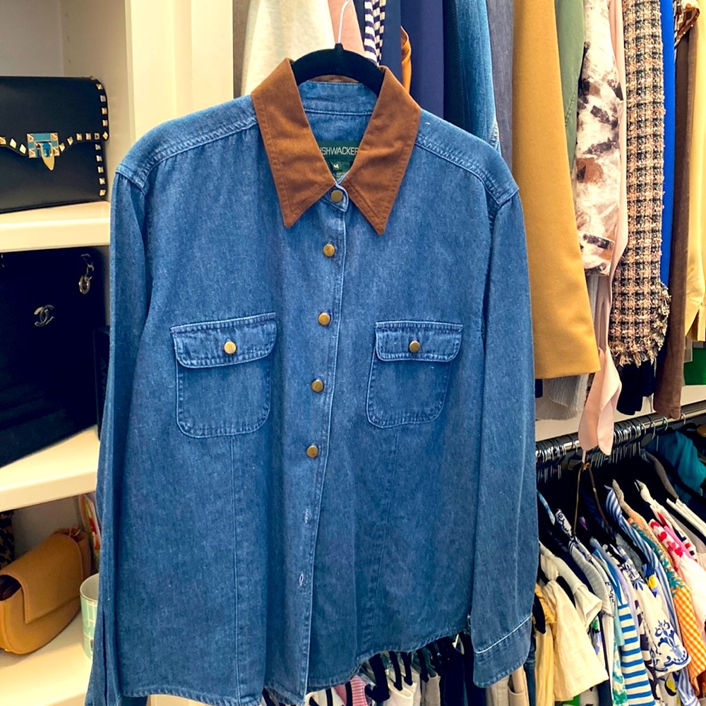 Great Denim Shirt with brass buttons and faux suede collar